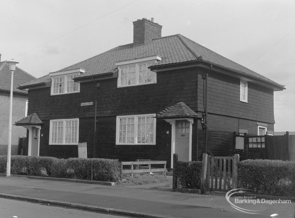 Timber housing in Stanhope Road, Dagenham, showing two houses opposite east end of Brittain Road, taken from south-west, 1977