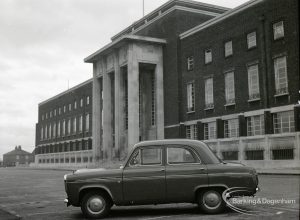 The Civic Centre, Dagenham, showing front of building, and with parked car, 31 January 1965