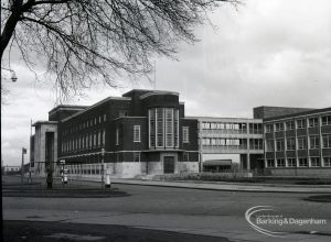 The Civic Centre, Dagenham, showing south end of the building, and with new extension, 31 January 1965
