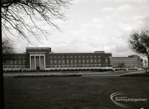 The Civic Centre, Dagenham, showing remote view of south half of the building, and with new extension, 31 January 1965