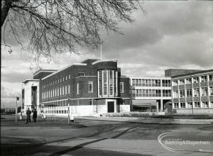 The Civic Centre, Dagenham, showing south end of the building, and with new extension, 31 January 1965