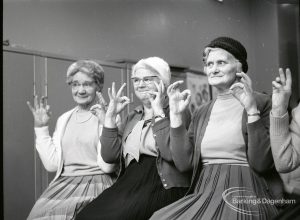 Public health and elderly people’s welfare, showing three women doing finger exercises at Oxlow Lane Clinic, Dagenham, 4 February 1965