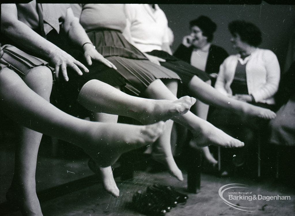Public health and elderly people’s welfare, showing four women doing leg exercises at Oxlow Lane Clinic, Dagenham, 4 February 1965