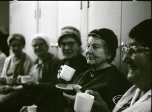 Public health and elderly people’s welfare, showing five women drinking cups of tea at Oxlow Lane Clinic, Dagenham, 4 February 1965