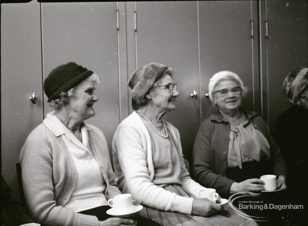 Public health and elderly people’s welfare, showing three women drinking cups of tea at Oxlow Lane Clinic, Dagenham, 4 February 1965