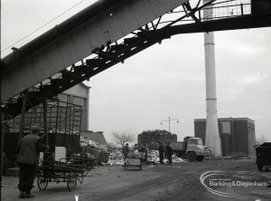 Dagenham Council salvage, showing new incinerator building and chimney, and with conveyor belt, 9 February 1965