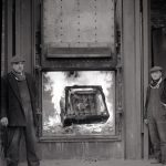 Dagenham Council salvage, showing new incinerator with fire blazing, and with two workmen, 9 February 1965