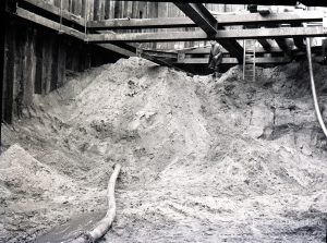 Dagenham Council Sewage banks reconstruction, showing hill of sand in corner, 25 February 1965