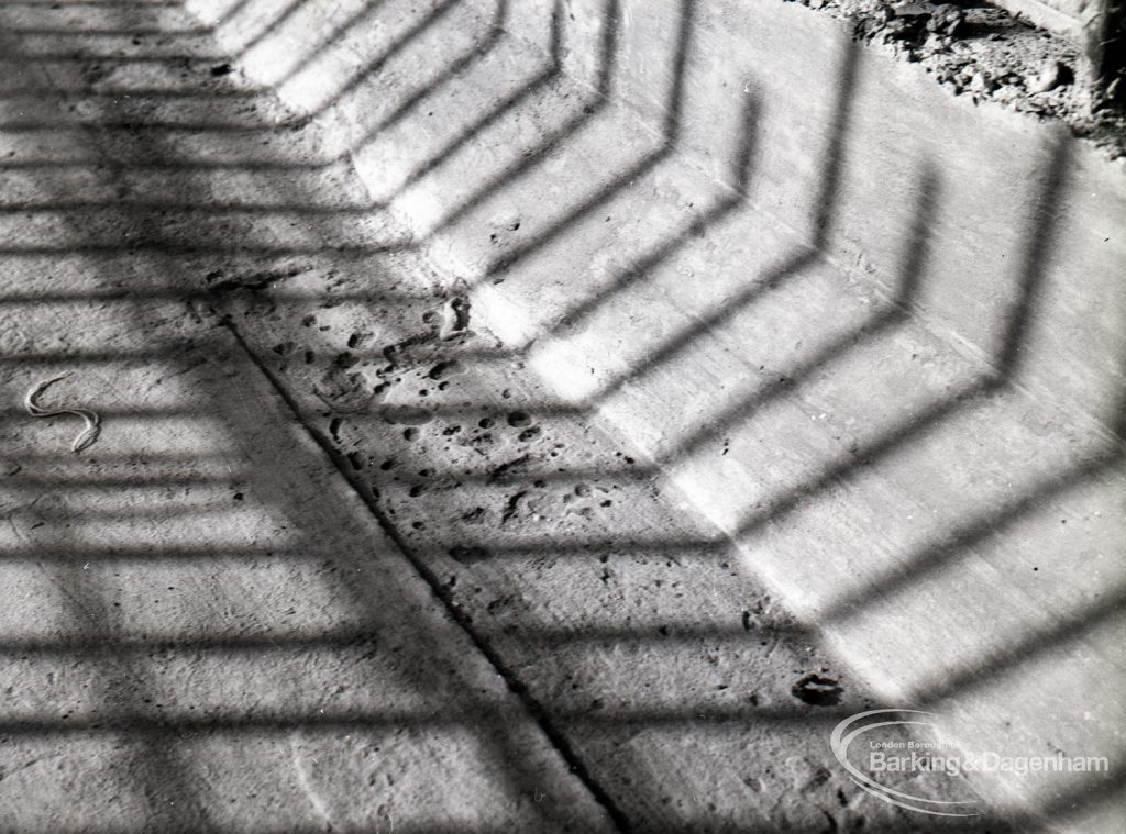 Dagenham Council Sewage banks reconstruction, showing detail of roughness at base of railings, 1965