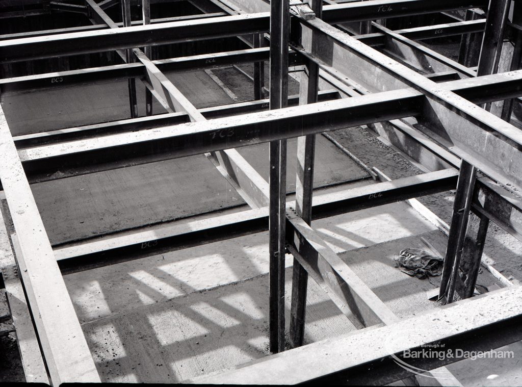 Dagenham Council Sewage banks reconstruction, showing framework of drain from above, 1965