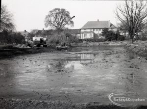 Dredging of Moat at Valence House, Dagenham, showing drained moat from south limit, looking north to Becontree Avenue, 1965