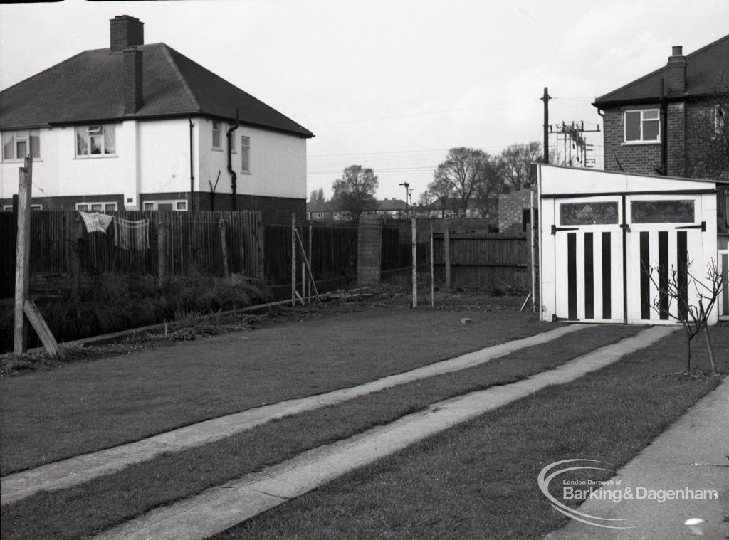 Wantz Sewer Environment scheme, showing garden and garage in Shafter Road, Dagenham, looking north-west, 1965