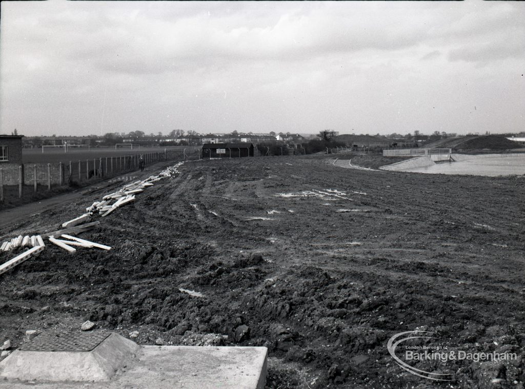 Waterways, showing new balancing lake for Wantz, and surrounding mud, looking west along south shore,1965