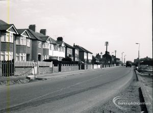 Road construction in Rainham Road South, Dagenham, showing view along road approaching new course,1965