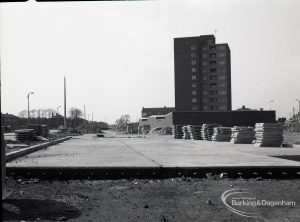 Road construction in Rainham Road South, Dagenham, showing table of concrete for new road looking east,1965