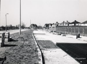 Road construction in Rainham Road South, Dagenham, showing resurfacing work for new road, looking north-west,1965