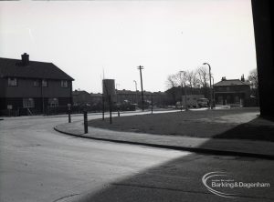 Road construction in Rainham Road South, Dagenham, showing corner by Madrid Court tower block looking south-east,1965