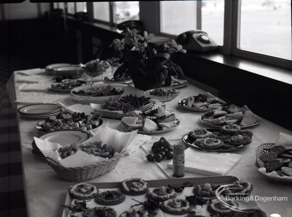 Reception for Dagenham Borough Surveyor and Engineer Mr Jack Jones, showing decorated table, 1965