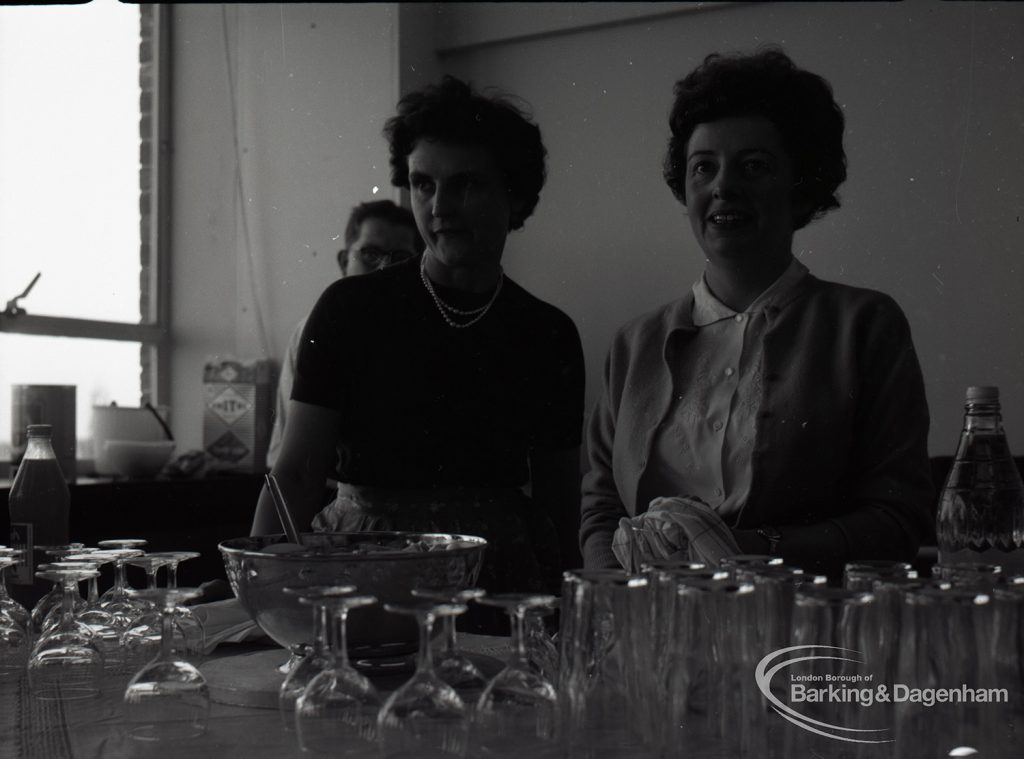 Reception for Dagenham Borough Surveyor and Engineer Mr Jack Jones, showing staff serving drinks, 1965