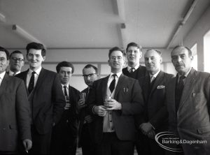Reception for Dagenham Borough Surveyor and Engineer Mr Jack Jones, showing group of staff including Bill Thorne from Electricity, 1965