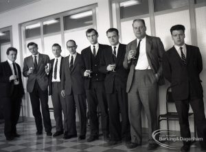 Reception for Dagenham Borough Surveyor and Engineer Mr Jack Jones, showing group of staff, 1965