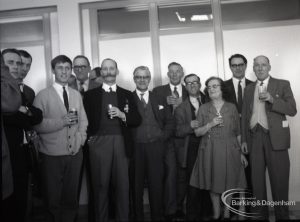 Reception for Dagenham Borough Surveyor and Engineer Mr Jack Jones, showing group of staff, 1965