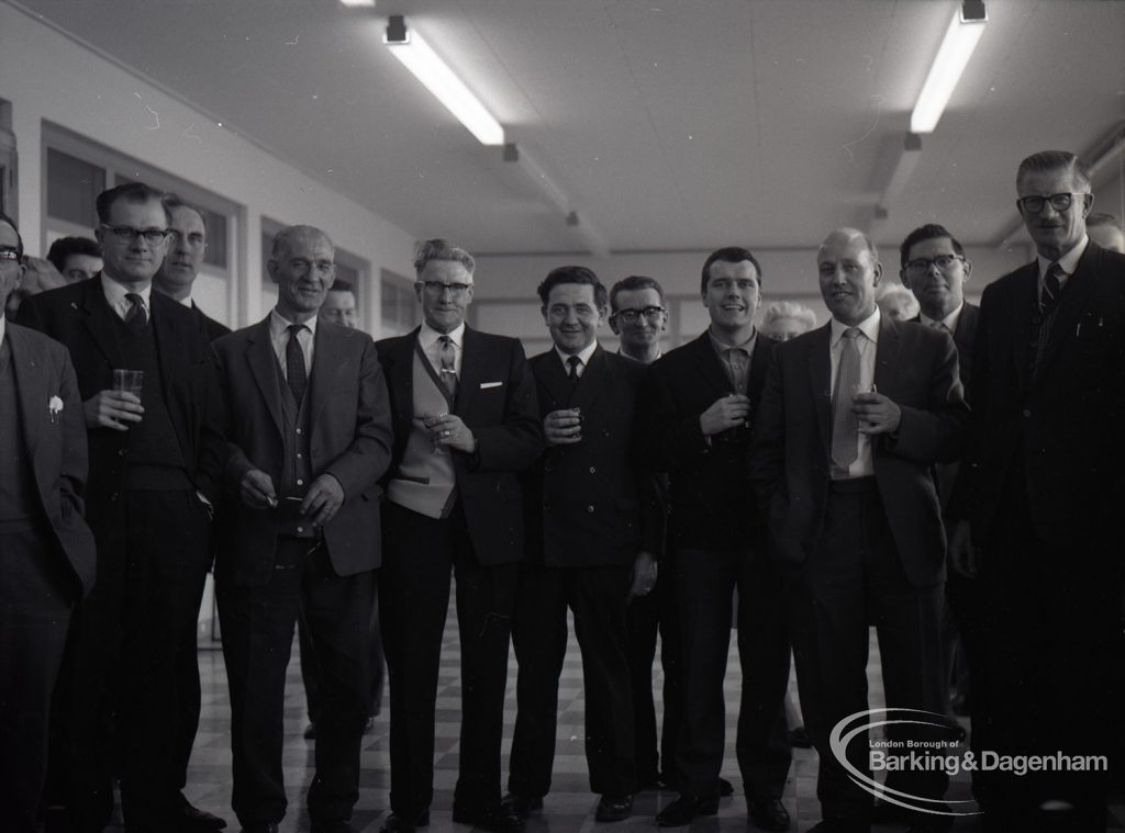 Reception for Dagenham Borough Surveyor and Engineer Mr Jack Jones, showing group of staff, 1965