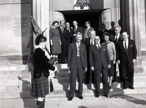 Reception for Dagenham Borough Surveyor and Engineer Mr Jack Jones, showing group of staff on steps of Civic Centre with Dagenham Girl Pipers, 1965