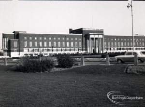 Front exterior of Civic Centre, Dagenham, taken from north-west, 1965