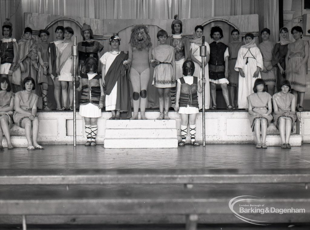 Dagenham Secondary school play, with children performing Androcles and the Lion, showing the cast, 1965