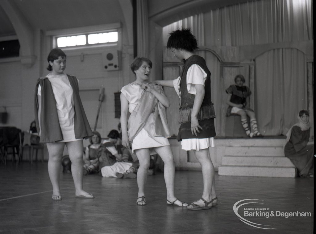 Dagenham Secondary school play, with children performing Androcles and the Lion, showing members of the cast including Ferrovius, 1965