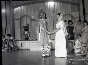 Dagenham Secondary school play, with children performing Androcles and the Lion, showing Lavinia and the Captain greeting each other, 1965