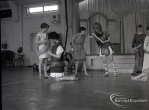 Dagenham Secondary school play, with children performing Androcles and the Lion, showing members of the cast including Ferrovius praying, 1965