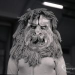 Dagenham Secondary school play, with children performing Androcles and the Lion, showing mask of the Lion, 1965
