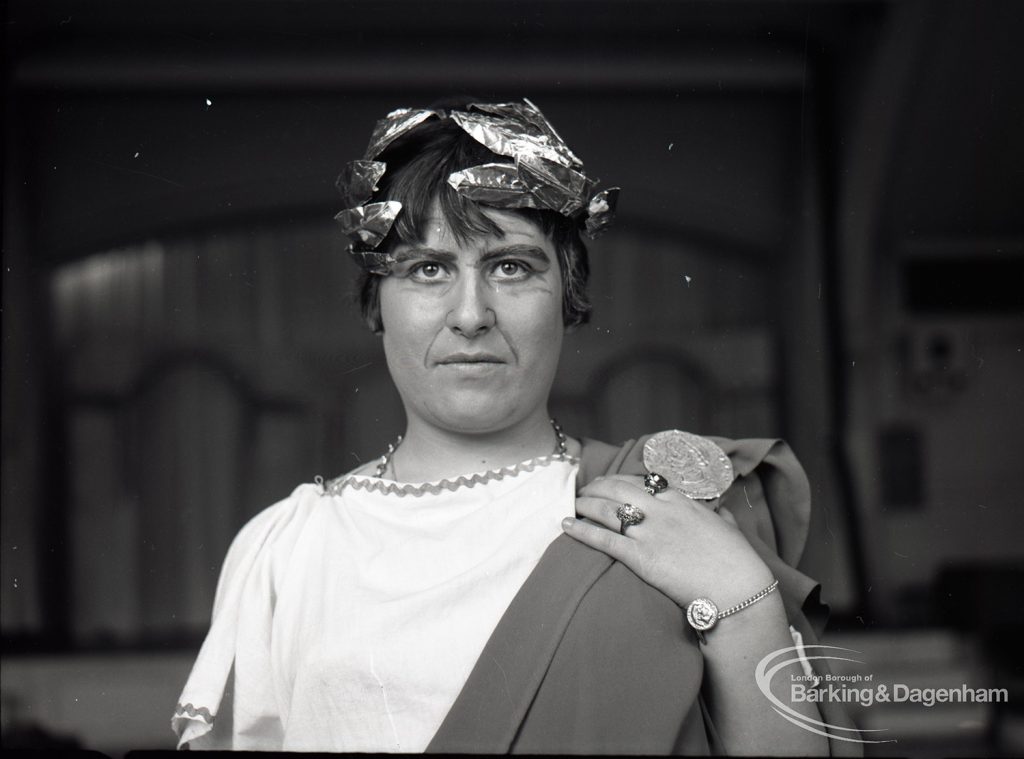 Dagenham Secondary school play, with children performing Androcles and the Lion, showing the Emperor, 1965