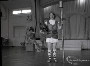 Dagenham Secondary school play, with children performing Androcles and the Lion, showing Centurion standing with spear, 1965