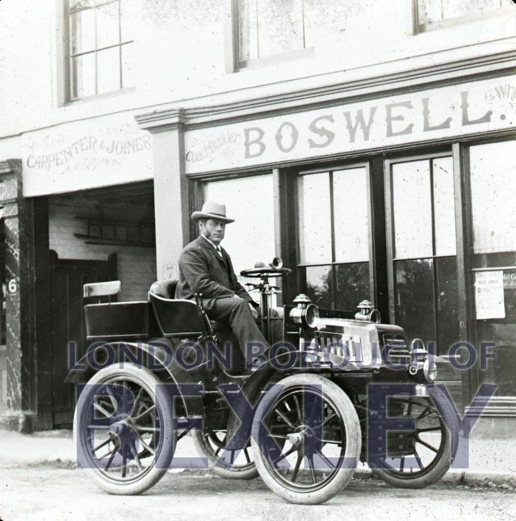 Mr Whomes and car,outside Boswells, Market Place, Bexleyheath 1898