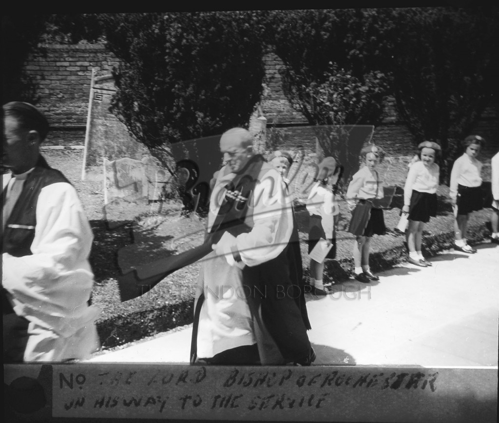 The Lord Bishop of Rochester on his way into the Service, Orpington 1957