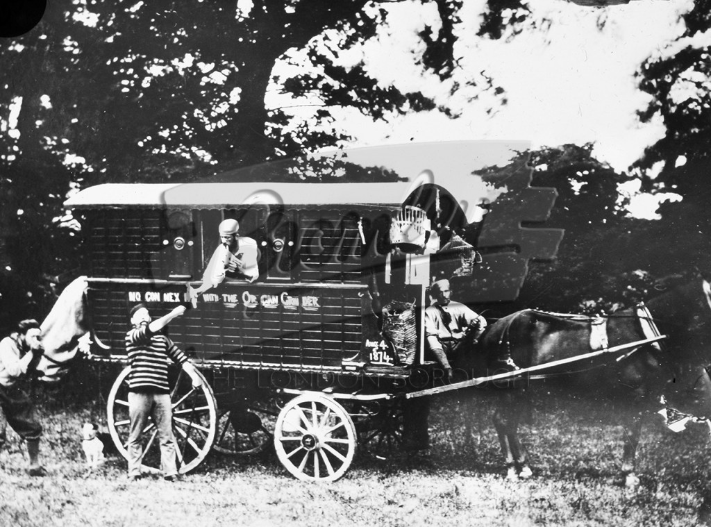 Horse drawn gypsy caravan,  1874