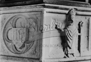 Southfleet Church font panel: emblam and bishop, Southfleet nd