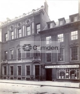 View of  number 56 Great Queen Street and the Freemasons Hall, 57 and 58
