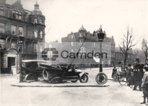 View of a road accident between two cars in the Finchley Road at the junction of Cannon Hill and Heath Drive