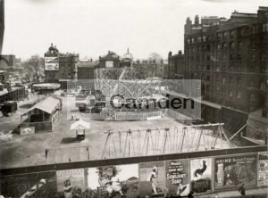 Pleasure ground on site of St Pancras Town Hall, including 'Figure-8' rollercoaster: viewed from Judd Street