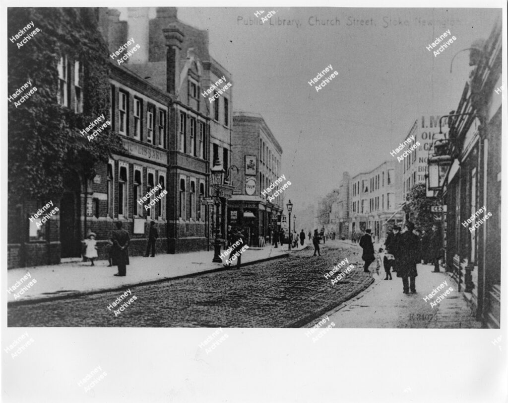 The library on Church Street Stoke Newington looking east from Albion Road corner, c.1905.