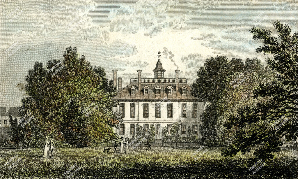 Abney House, Stoke Newington. Colour engraving of the rear of the manor house, 1822.