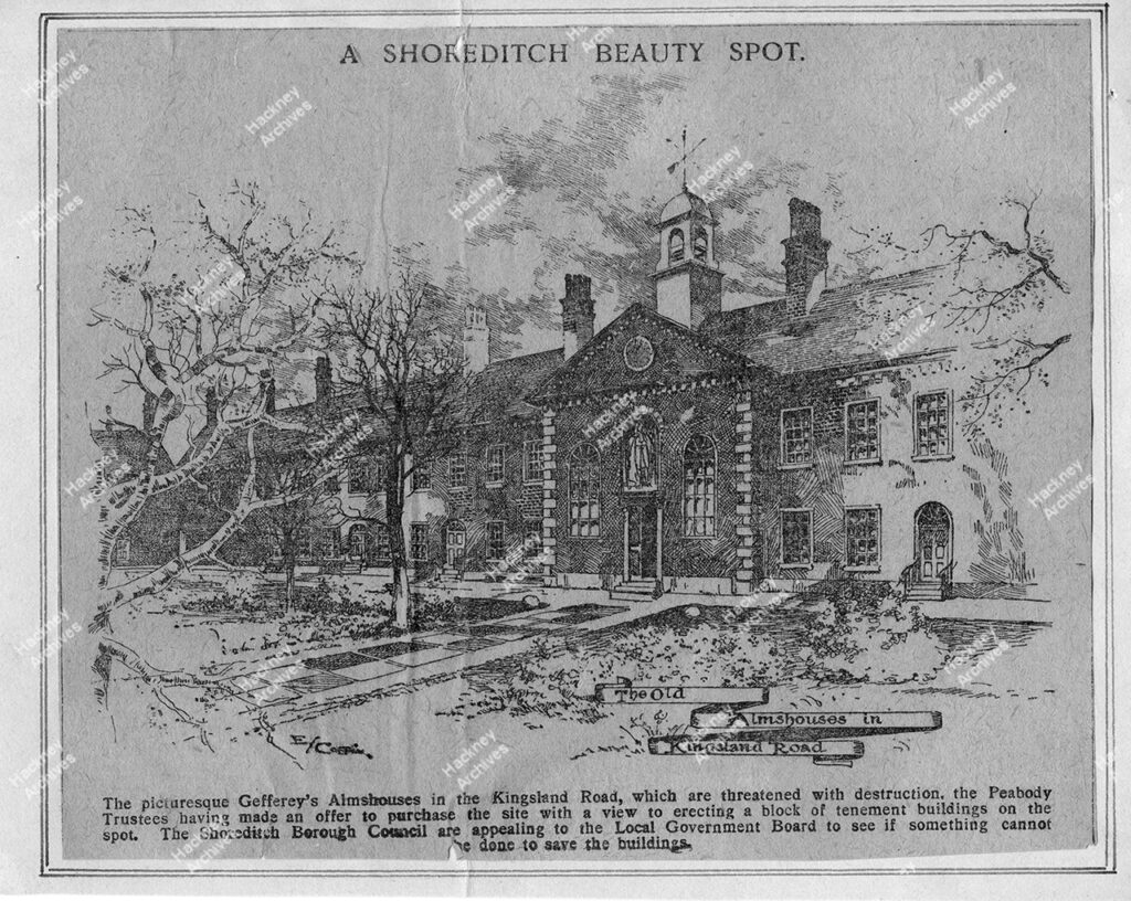 The Old Almshouses on Kingsland Road, illustration from an unidentified periodical, c.1910.