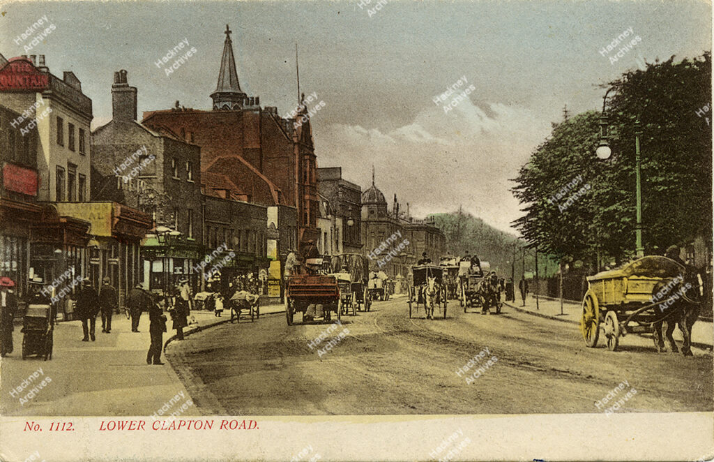 Postcard of Lower Clapton Road,  includes The Fountain public house,  Hackney, c.1910.