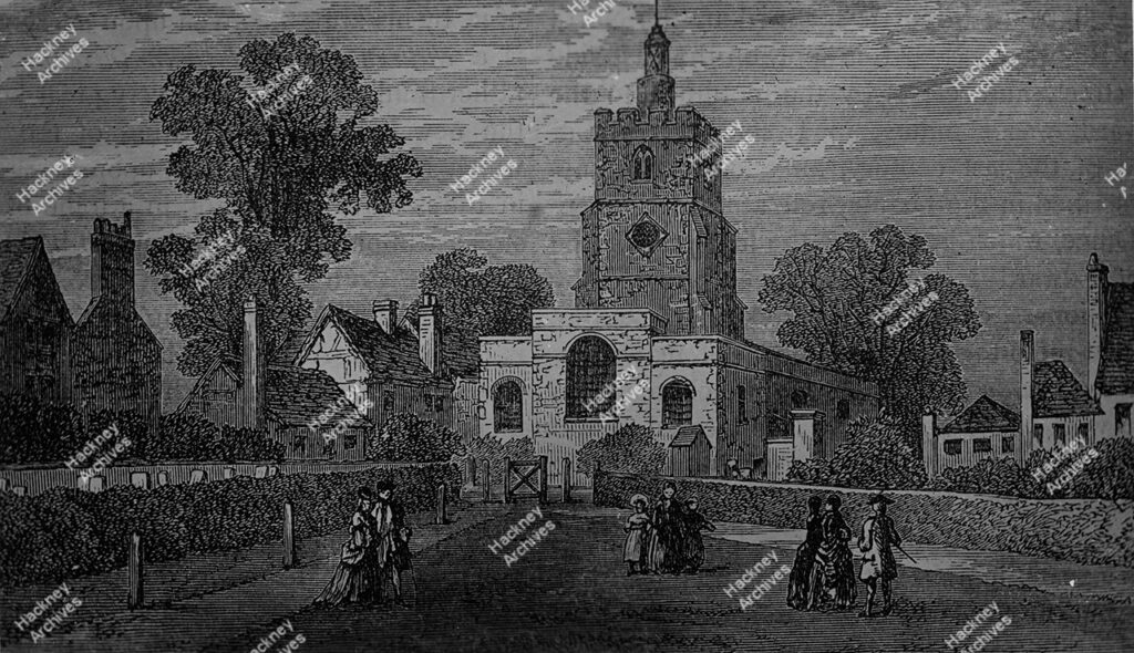 Hackney from the east, showing Old Hackney Church, the Church House, and the Black and White House, from an engraving, c.1890.