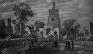 Hackney from the east, showing Old Hackney Church, the Church House, and the Black and White House, from an engraving, c.1890.