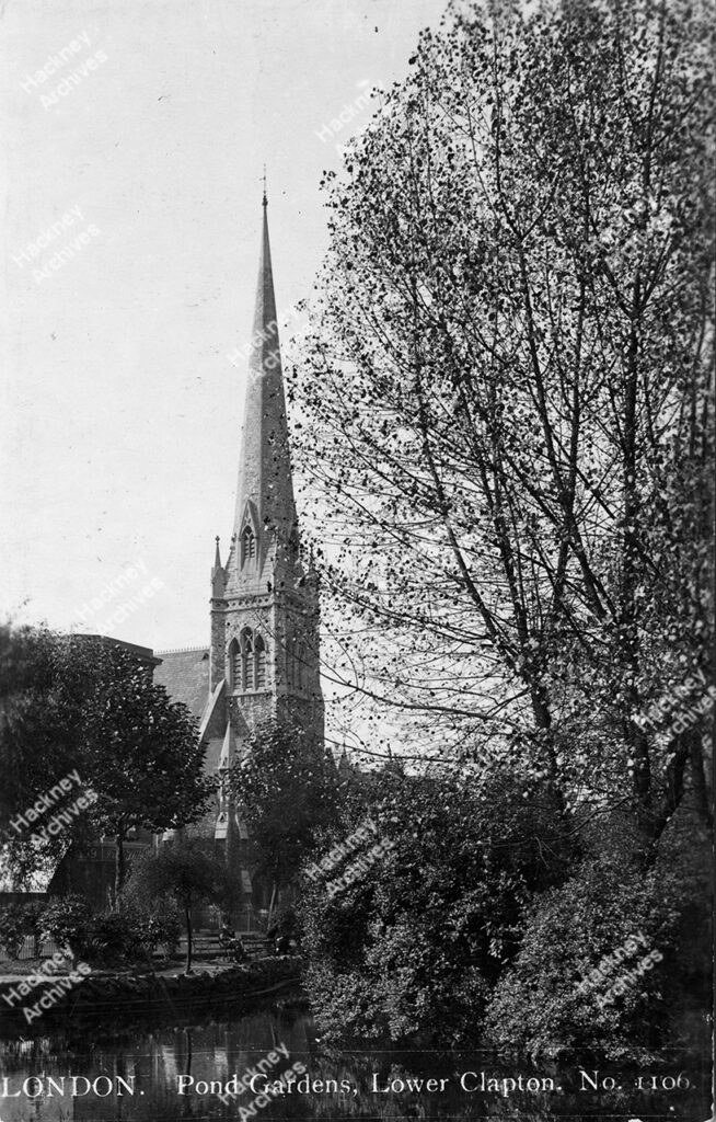 Clapton Wesleyan Church from the east, showing part of Pond Gardens. (Church now demolished), c.1925.